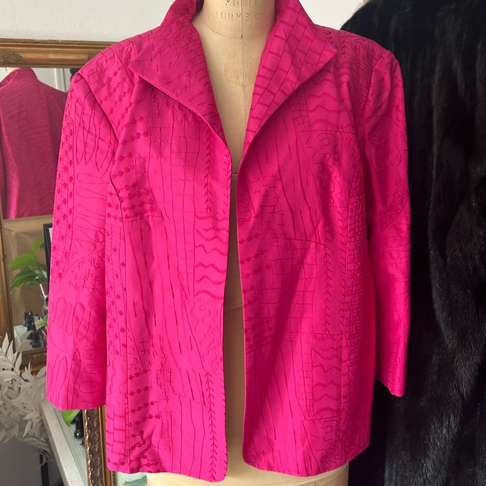 Coldwater Creek Barbie Pink SILK textured Open womens Blazer - Size L